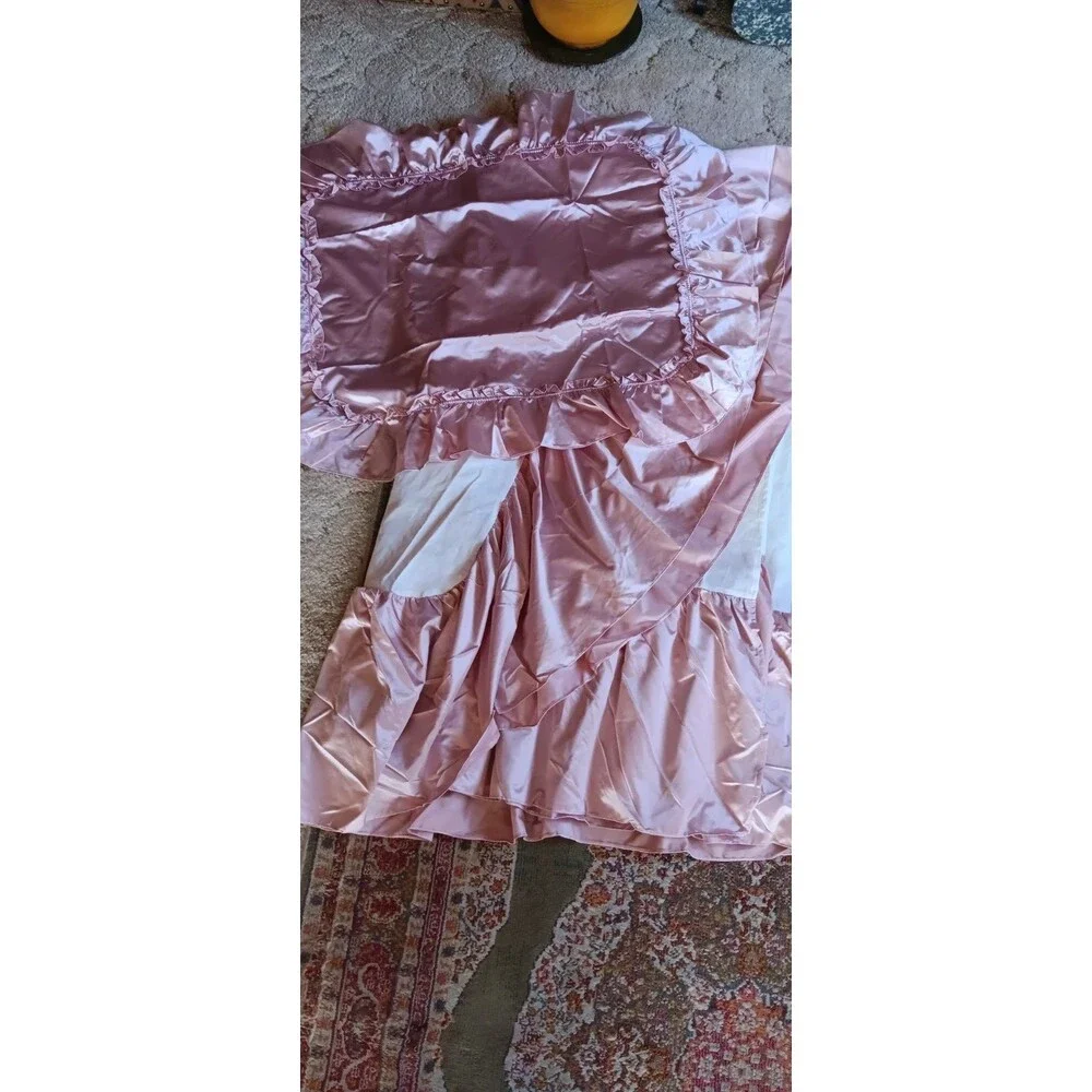 Vintage 70s JC Penney Home Queen Pink Satin Ruffle Bed Skirt + 1 Pillow Sham